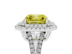 Fancy Yellow Asscher Cut Diamond Double Halo Ring Set in White gold with Pavé Band