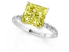 Fancy Yellow Princess Cut Diamond Solitaire Engagement Ring Set in White gold with Round Pavé Band and Prong Setting