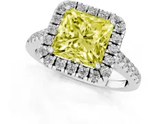 Fancy Yellow Princess Cut Diamond Pavé Halo Engagement Ring Set in Platinum with Pavé Band and Prong Setting