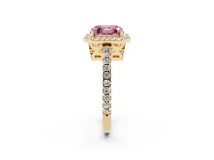 Fancy Pink Asscher Cut Diamond Halo Ring Set in Yellow gold with Pavé Shoulders and Halo-Framed Center