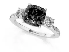 Fancy Black Cushion Cut Diamond Three-Stone Ring Set in Silver with Pavé Band and Graduated Sides