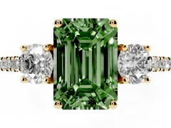 Fancy Green Emerald Cut Diamond Three-Stone Ring Set in Yellow gold with Pavé Band and Graduated Sides