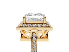 Princess Cut Diamond Halo Ring Set in Yellow gold with Accent-Lined Split Shank and Prong Setting