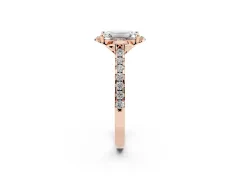 Emerald Cut Diamond Solitaire Ring Set in Rose gold with Pavé Band and Floral Prong Setting