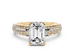 Emerald Cut Diamond Solitaire Ring Set in Yellow gold with Multi-Row Round Pavé Band and Prong Setting