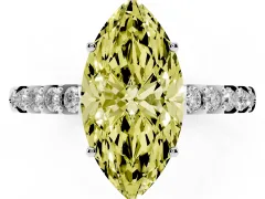 Fancy Yellow Marquise Cut Diamond Solitaire Engagement Ring Set in White gold with Pavé Band and Prong Setting