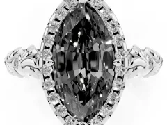 Fancy Black Marquise Cut Diamond Halo Ring Set in White gold with Filigree Leaf Band and Prong Setting