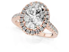 Oval Cut Diamond Pavé Halo Engagement Ring Set in Rose gold with Pavé Band and Prong Setting