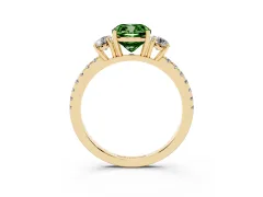 Fancy Green Cushion Cut Diamond Three-Stone Ring Set in Yellow gold with Pavé Band and Graduated Sides