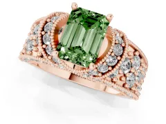 Fancy Green Emerald Cut Diamond Milgrain Halo Pavé Engagement Ring Set in Rose gold with Prong Setting