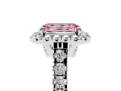 Fancy Pink Emerald Cut Diamond Halo Engagement Ring Set in White gold with Pavé Band and Prong-Set Center