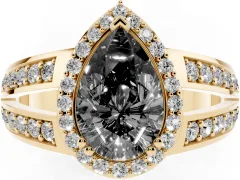 Fancy Black Pear Cut Diamond Halo Ring Set in Yellow gold with Double Pavé Split Shank