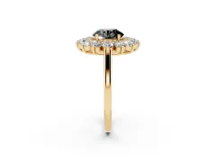Fancy Black Round Cut Diamond Floral Double Halo Ring Set in Yellow gold with Round Petals