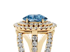 Fancy Blue Oval Cut Diamond Double Halo Ring Set in Yellow gold with Round Pavé Split Shank