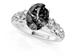 Fancy Black Oval Cut Diamond Solitaire Ring Set in White gold with Pavé-Set Band and Prong Setting