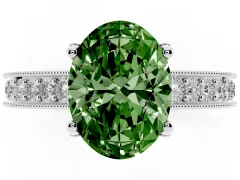 Fancy Green Oval Cut Diamond Solitaire Ring Set in Silver with Milgrain-Edged Pavé Band and Prong Setting