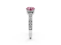 Fancy Pink Round Cut Diamond Solitaire Ring Set in Silver with Milgrain-Edged Pavé Band and Prong Setting