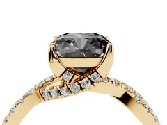 Fancy Black Cushion Cut Diamond Twist Pavé Solitaire Engagement Ring Set in Yellow gold with Prong Setting