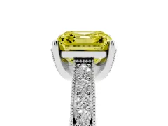 Fancy Yellow Asscher Cut Diamond Solitaire Ring Set in Platinum with Milgrain-Edged Pavé Band and Prong Setting