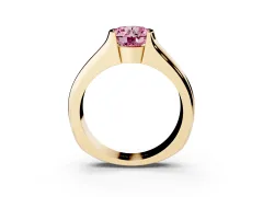 Fancy Pink Round Cut Diamond Bezel Solitaire Ring Set in Yellow gold with Wide Band