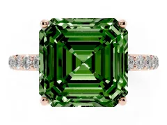 Fancy Green Asscher Cut Diamond Solitaire Engagement Ring Set in Rose gold with Round Pavé Band and Prong Setting