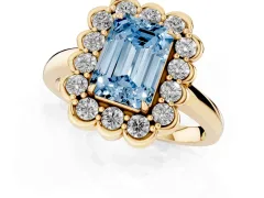 Fancy Blue Emerald Cut Diamond Halo Cluster Engagement Ring Set in Yellow gold with Solitaire Band and Prong Setting