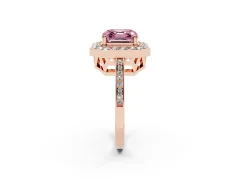 Fancy Pink Asscher Cut Diamond Halo Ring Set in Rose gold with Accent-Lined Split Shank and Prong Setting