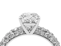 Cushion Cut Diamond Pavé Band Solitaire Ring Set in Platinum with Close-Set Accent Stones and Prong Setting