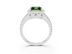 Fancy Green Asscher Cut Diamond Halo Ring Set in White gold with Pavé Shoulders and Halo-Framed Center
