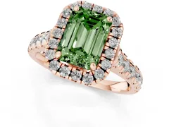 Fancy Green Emerald Cut Diamond Halo Engagement Ring Set in Rose gold with Pavé Band and Prong-Set Center
