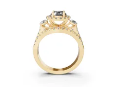 Fancy Black Oval Cut Diamond Halo Split Shank Ring Set in Yellow gold with Round Accent Stones and Prong Setting