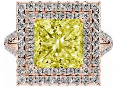 Fancy Yellow Princess Cut Diamond Double Halo Ring Set in Rose gold with Pavé Band