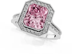 Fancy Pink Radiant Cut Diamond Halo Milgrain Pavé Band Ring Set in Platinum with Prong Setting