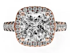 Cushion Cut Diamond Halo Engagement Ring Set in Rose gold with Pavé Band and Prong-Set Center