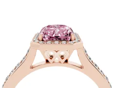 Fancy Pink Radiant Cut Diamond Halo Engagement Ring Set in Rose gold with Round Pavé Shoulders and Heart Gallery