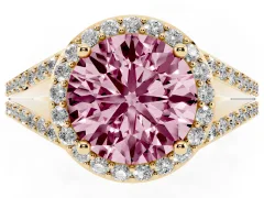 Fancy Pink Round Cut Diamond Halo Split Shank Ring Set in Yellow gold with Accent Stones and Prong Setting