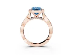 Fancy Blue Radiant Cut Diamond Halo Twist Band Solitaire Ring Set in Rose gold with Prong Setting