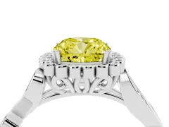 Fancy Yellow Cushion Cut Diamond Halo Ring Set in White gold with Leaf Motif Split Shank and Prong Setting