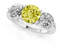 Fancy Yellow Round Cut Diamond Three-Stone Ring Set in White gold with Prong Setting and Plain Band