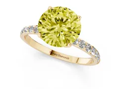 Fancy Yellow Round Cut Diamond Solitaire Engagement Ring Set in Yellow gold with Round Pavé Band and Prong Setting
