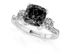 Fancy Black Cushion Cut Diamond Three-Stone Ring Set in Silver with Pavé Band and Smaller Side Stones