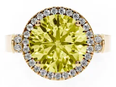 Fancy Yellow Round Cut Diamond Halo Ring Set in Yellow gold with Pavé-Lined Split Shank Band