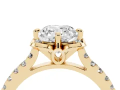Cushion Cut Diamond Solitaire Ring Set in Yellow gold with Pavé Band and Floral Prong Setting