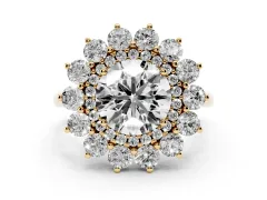 Round Cut Diamond Floral Double Halo Ring Set in Yellow gold with Round Petals