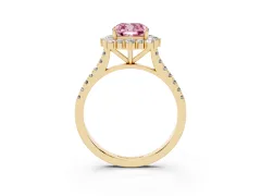 Fancy Pink Cushion Cut Diamond Halo Ring Set in Yellow gold with Pavé Band and Prong Setting