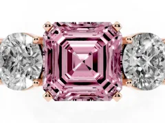 Fancy Pink Asscher Cut Diamond Three-Stone Ring Set in Rose gold with Round Side Stones and Classic Band