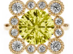Fancy Yellow Round Cut Diamond Cluster Halo Ring Set in Yellow gold with Milgrain Bezel Accents and Plain Band