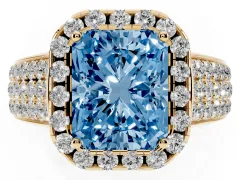 Fancy Blue Radiant Cut Diamond Halo Ring Set in Yellow gold with Pavé Band and Raised Center Setting