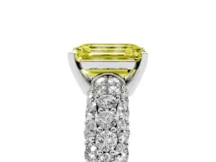 Fancy Yellow Emerald Cut Diamond Pavé Band Solitaire Ring Set in Platinum with Close-Set Accent Stones and Prong Setting