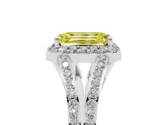 Fancy Yellow Emerald Cut Diamond Halo Split Shank Pavé Ring Set in Platinum with Prong Setting